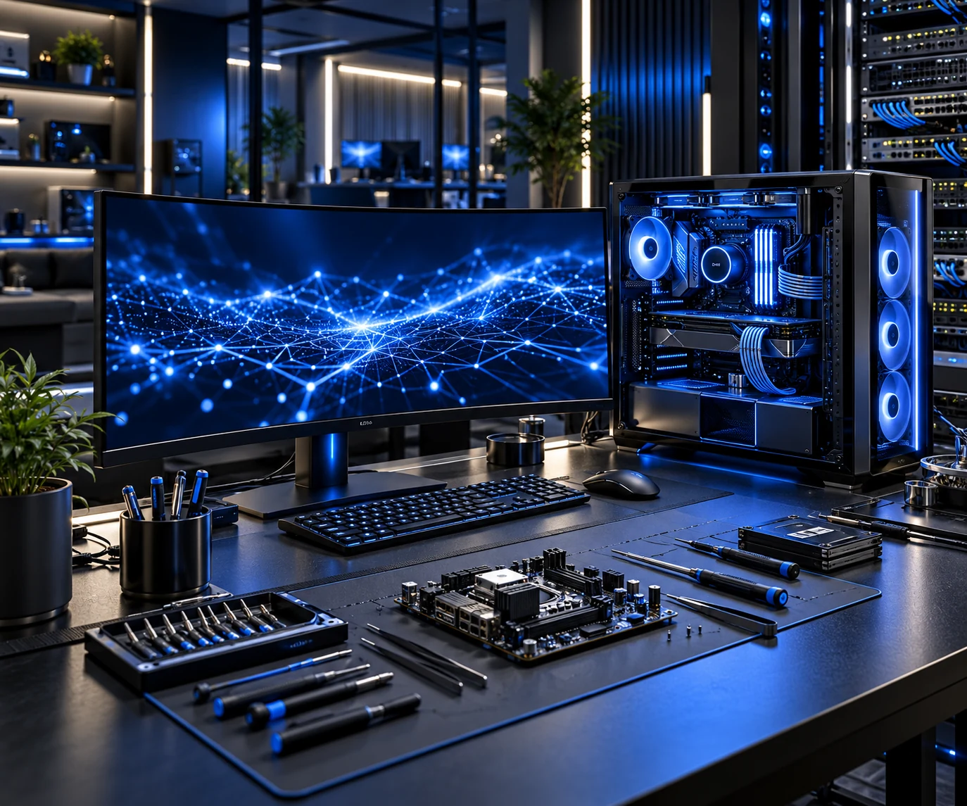 Futuristic technology workspace with a blue-lit computer, networking equipment, and electronics repair tools